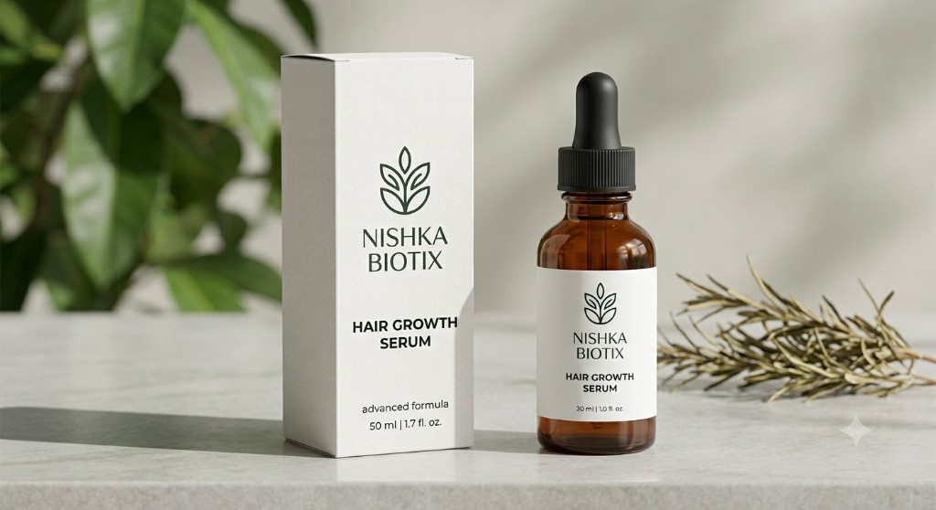 Nishka Biotix Hair Growth Serum — box and amber dropper bottle on marble surface